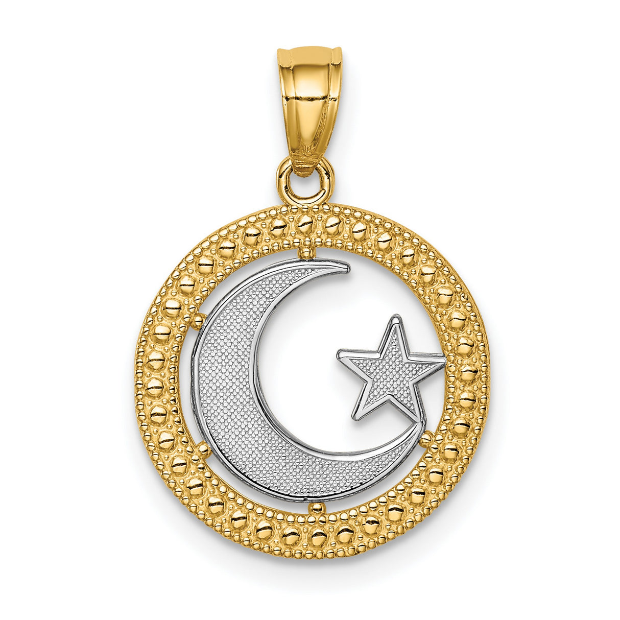 14k Yellow Gold Two-Tone Crescent Moon and Star Pendant, Islamic Symbol Charm for Women