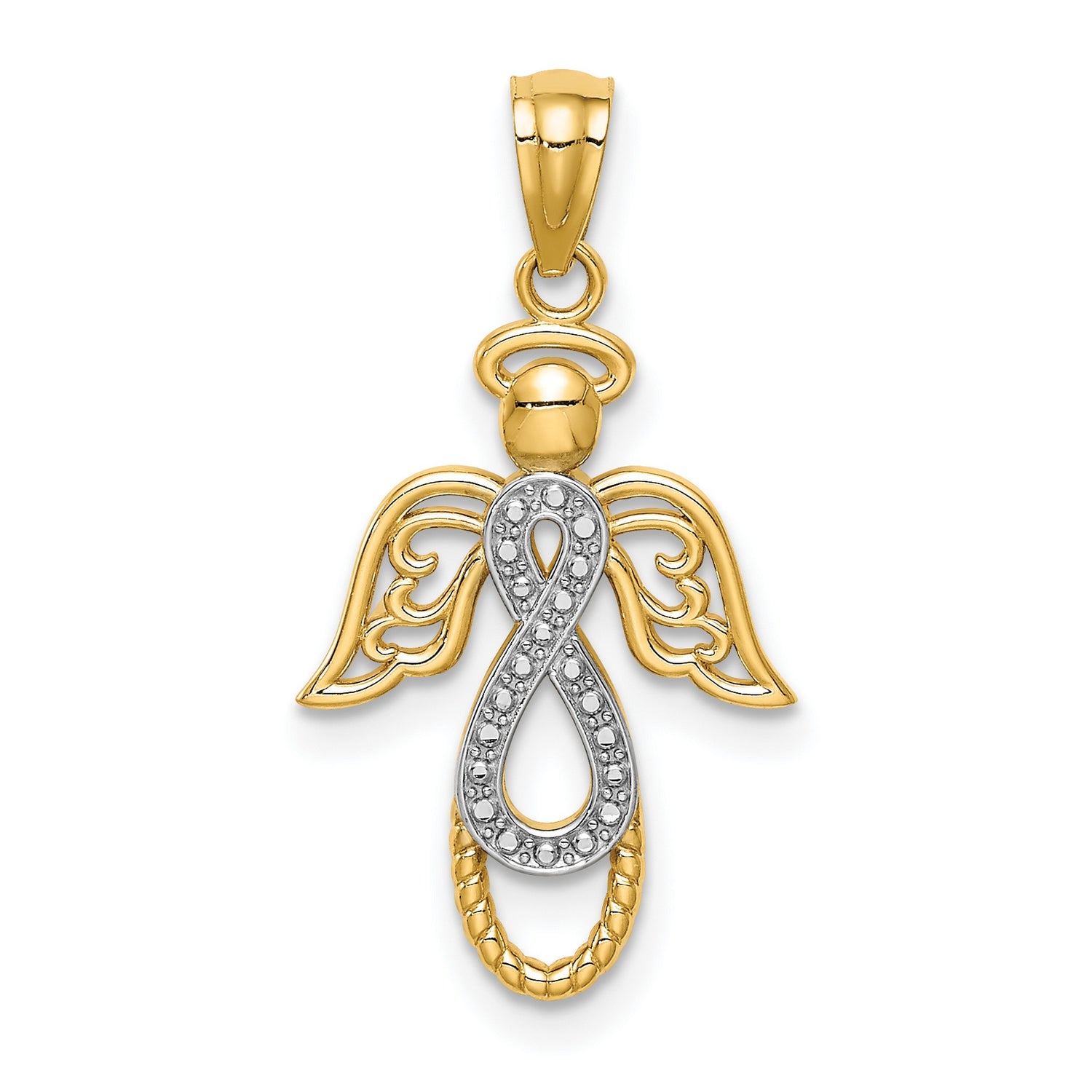 14k Multi-Tone Gold Angel Infinity Pendant with Rhodium Accents and Winged Design