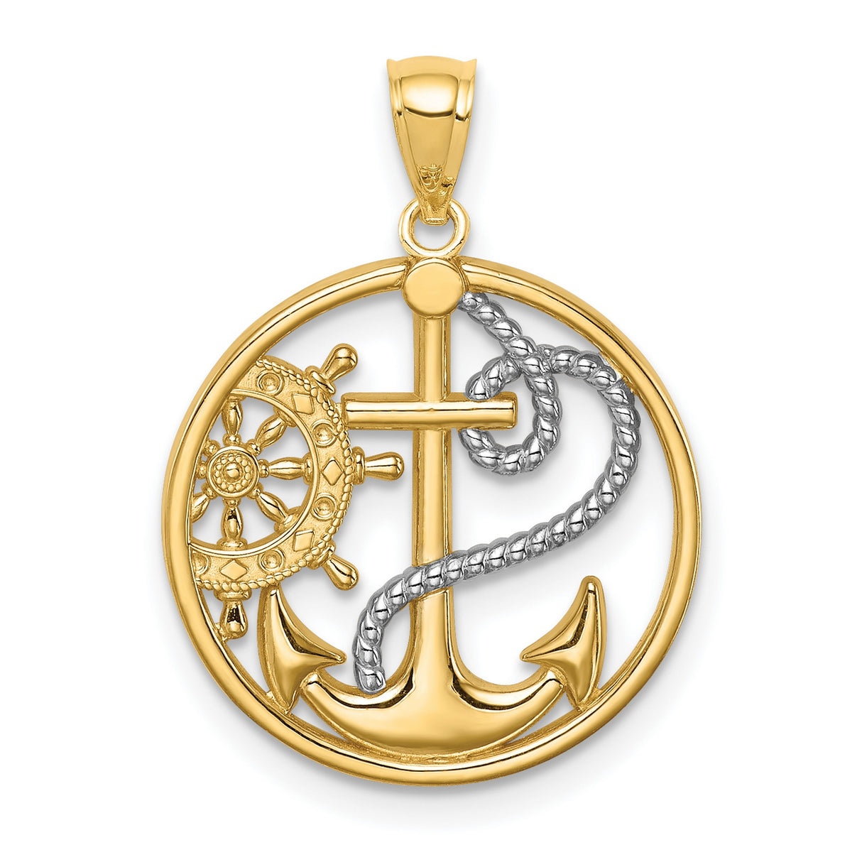 14k Multi-Tone Gold Anchor Cross Pendant with Nautical Wheel Design for Men and Women