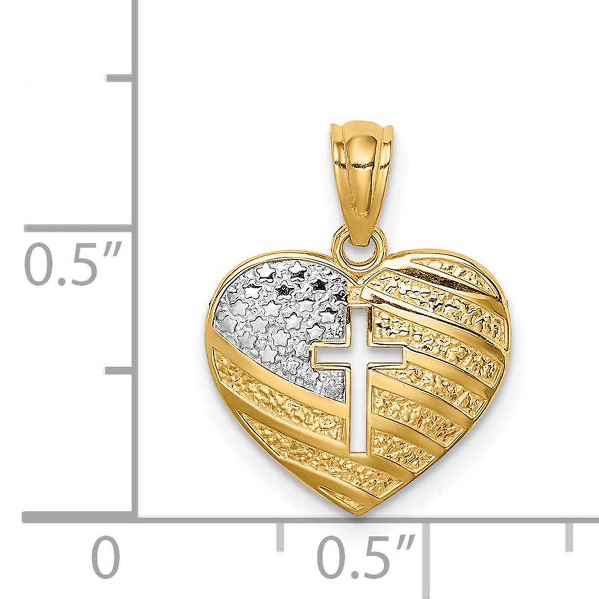 14k Multi-Tone Gold Cross Pendant with Textured Heart and American Flag Design