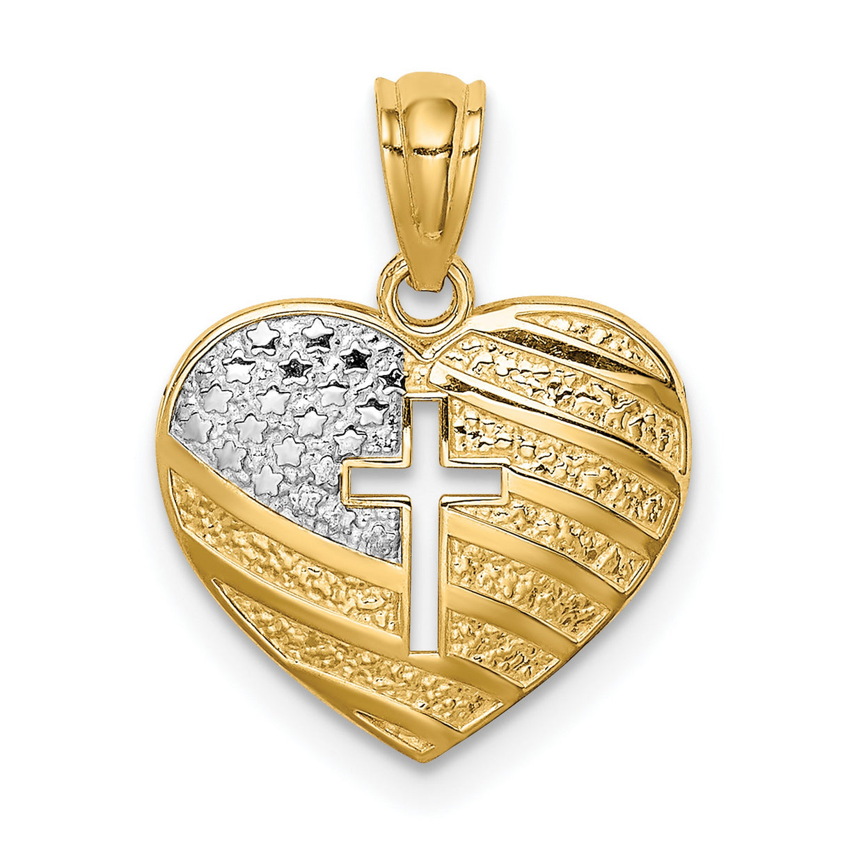 14k Multi-Tone Gold Cross Pendant with Textured Heart and American Flag Design