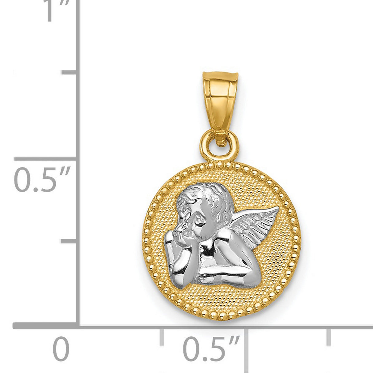 14k Yellow Gold and Rhodium Angel Medallion Pendant with Cherub Design