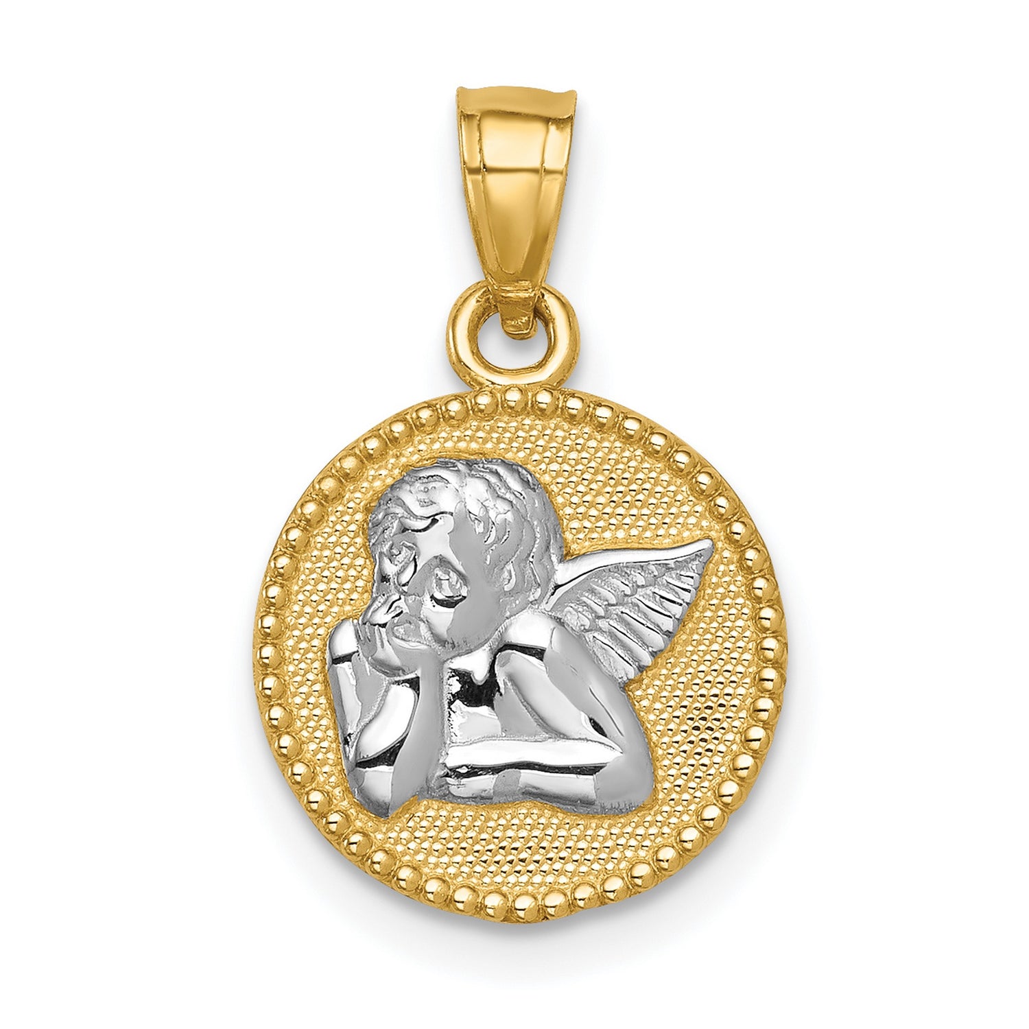 14k Yellow Gold and Rhodium Angel Medallion Pendant with Cherub Design