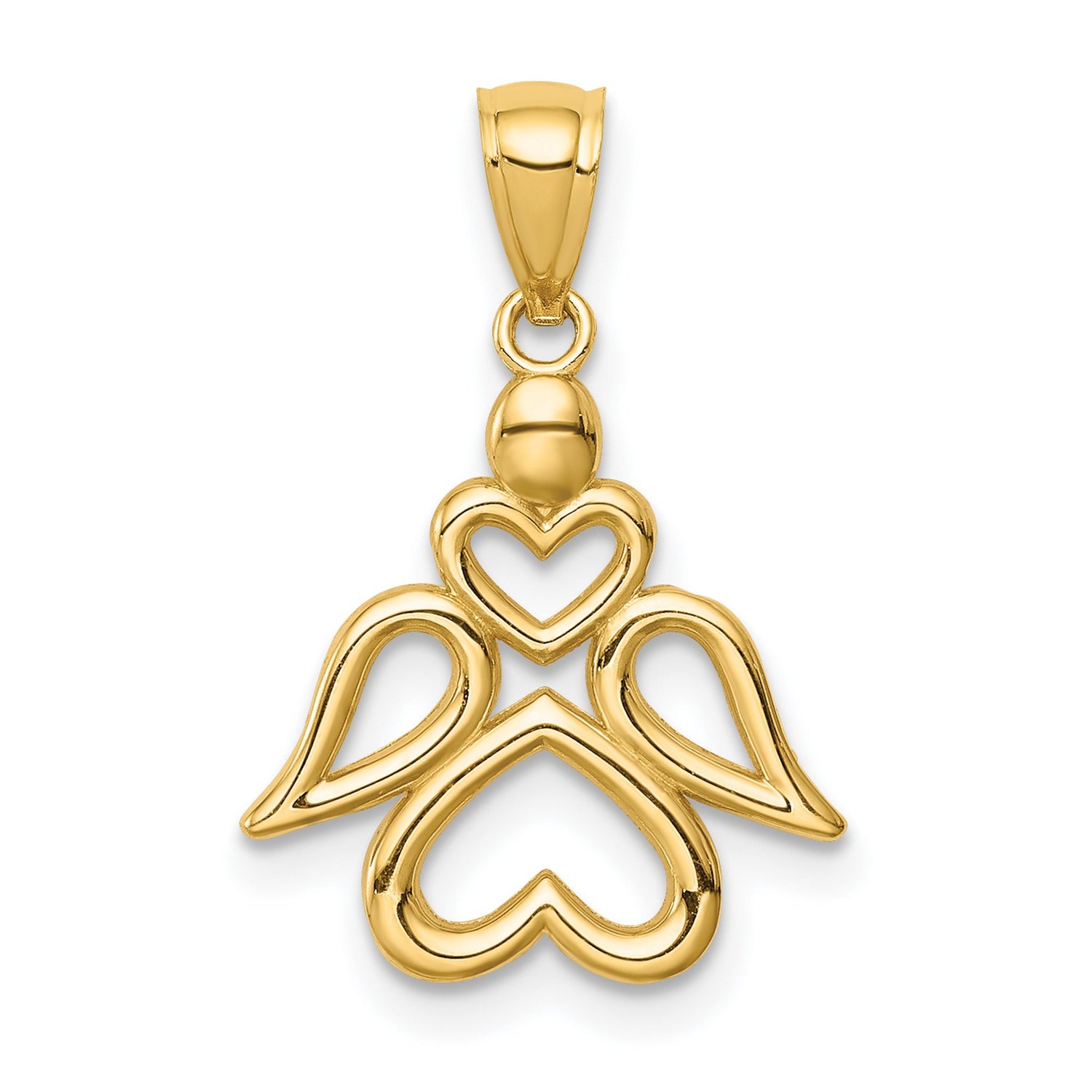 14k Yellow Gold Angel Pendant with Heart Shaped Wings and Body, Religious Christian Charm