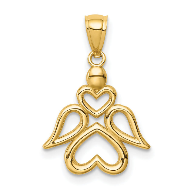 14k Yellow Gold Angel Pendant with Heart Shaped Wings and Body, Religious Christian Charm