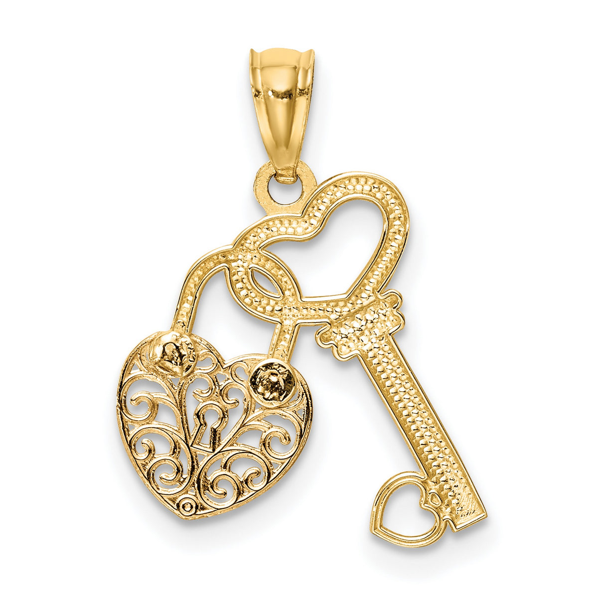 14k Two-Tone Gold Heart Key and Lock Pendant with Rose Gold Filigree for Women