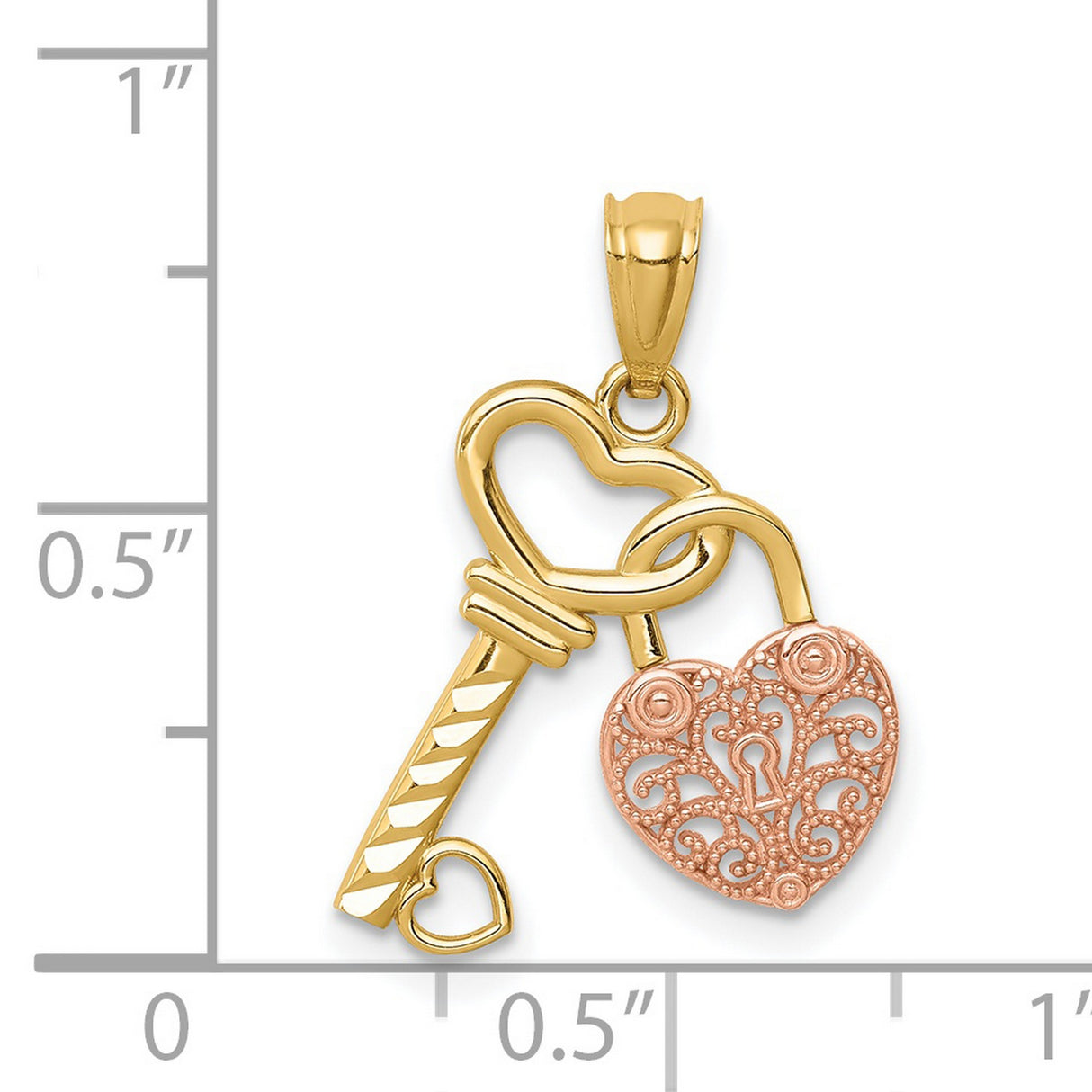 14k Two-Tone Gold Heart Key and Lock Pendant with Rose Gold Filigree for Women