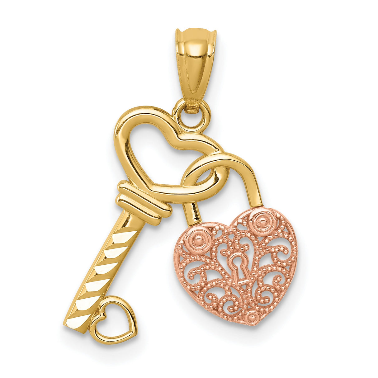 14k Two-Tone Gold Heart Key and Lock Pendant with Rose Gold Filigree for Women