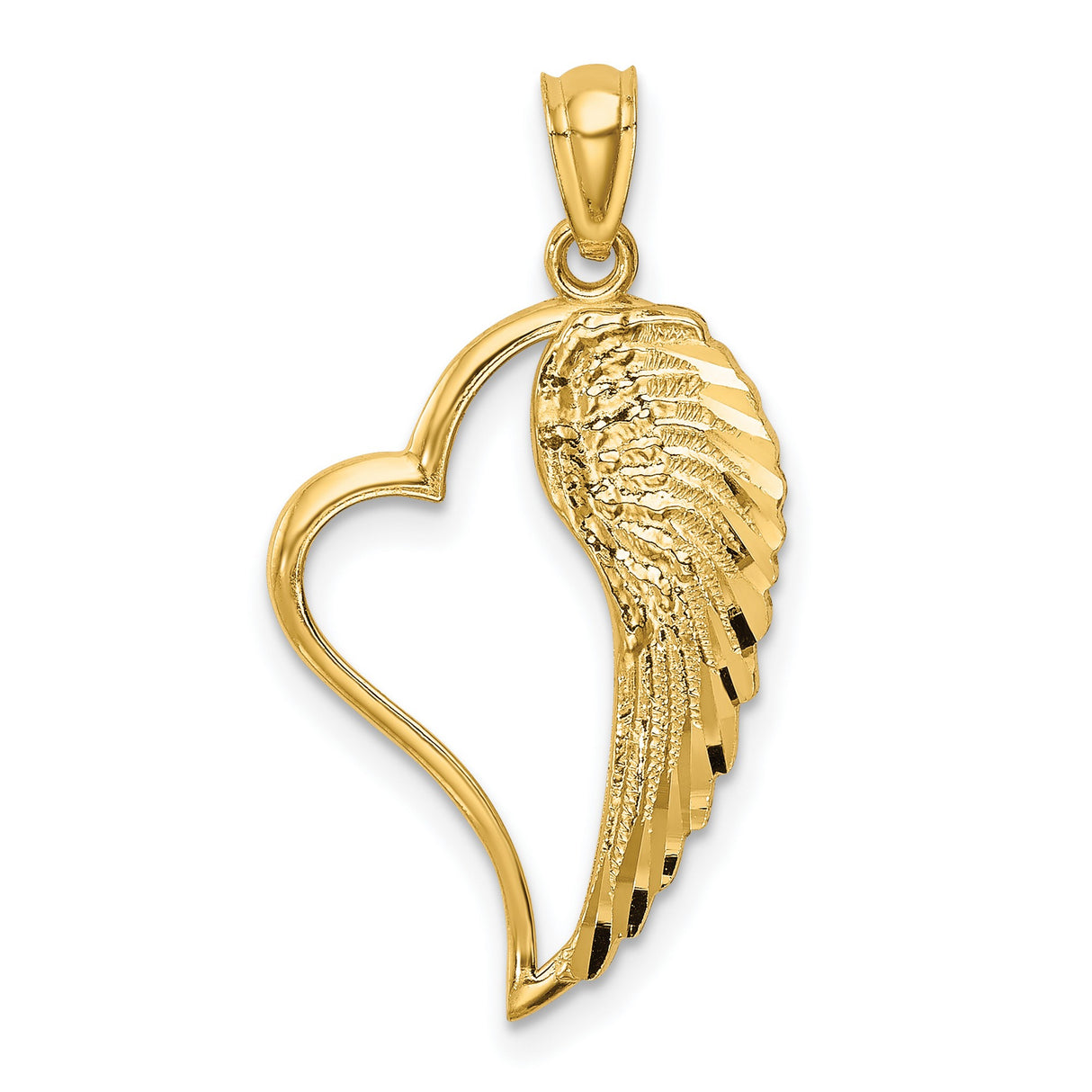 14k Yellow Gold Heart and Angel Wing Pendant, Symbol of Love and Protection for Women