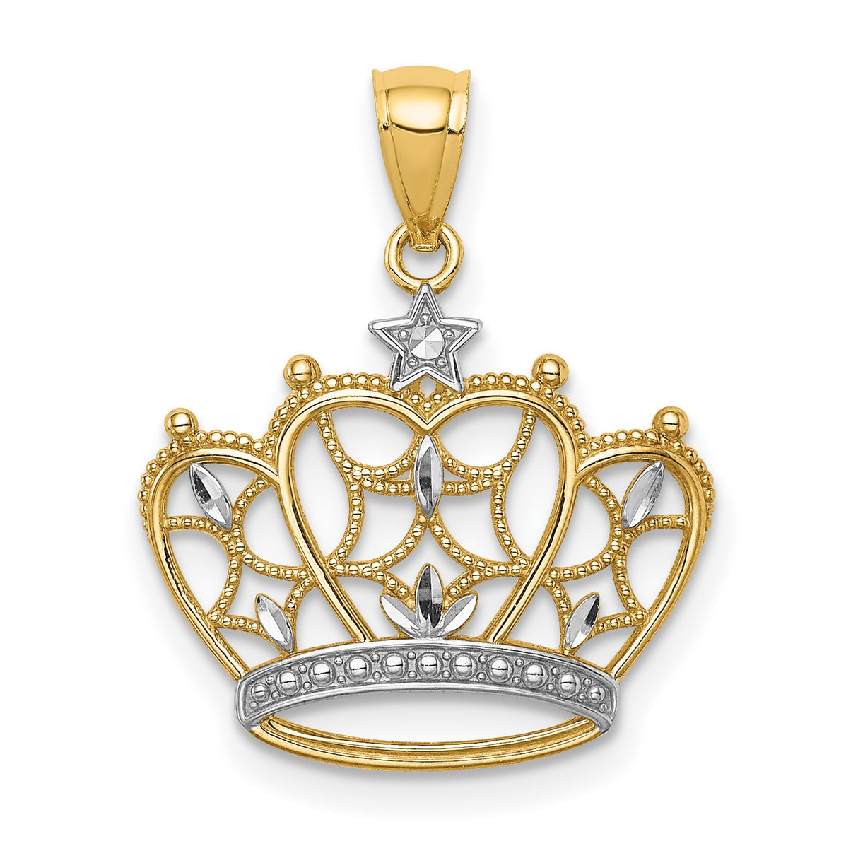 14k Multi-Tone Gold Filigree Crown Pendant with Star Symbol, Regal Jewelry Charm for Women