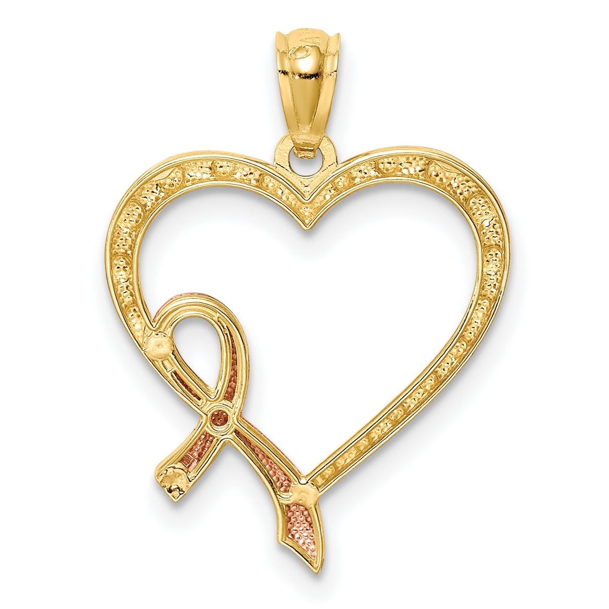 14k Yellow and Rose Gold Heart Ribbon Pendant with Raised Awareness Design for Women