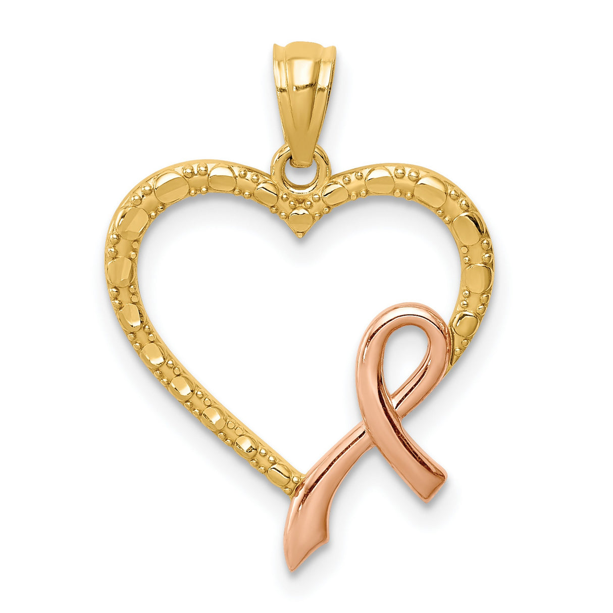 14k Yellow and Rose Gold Heart Ribbon Pendant with Raised Awareness Design for Women