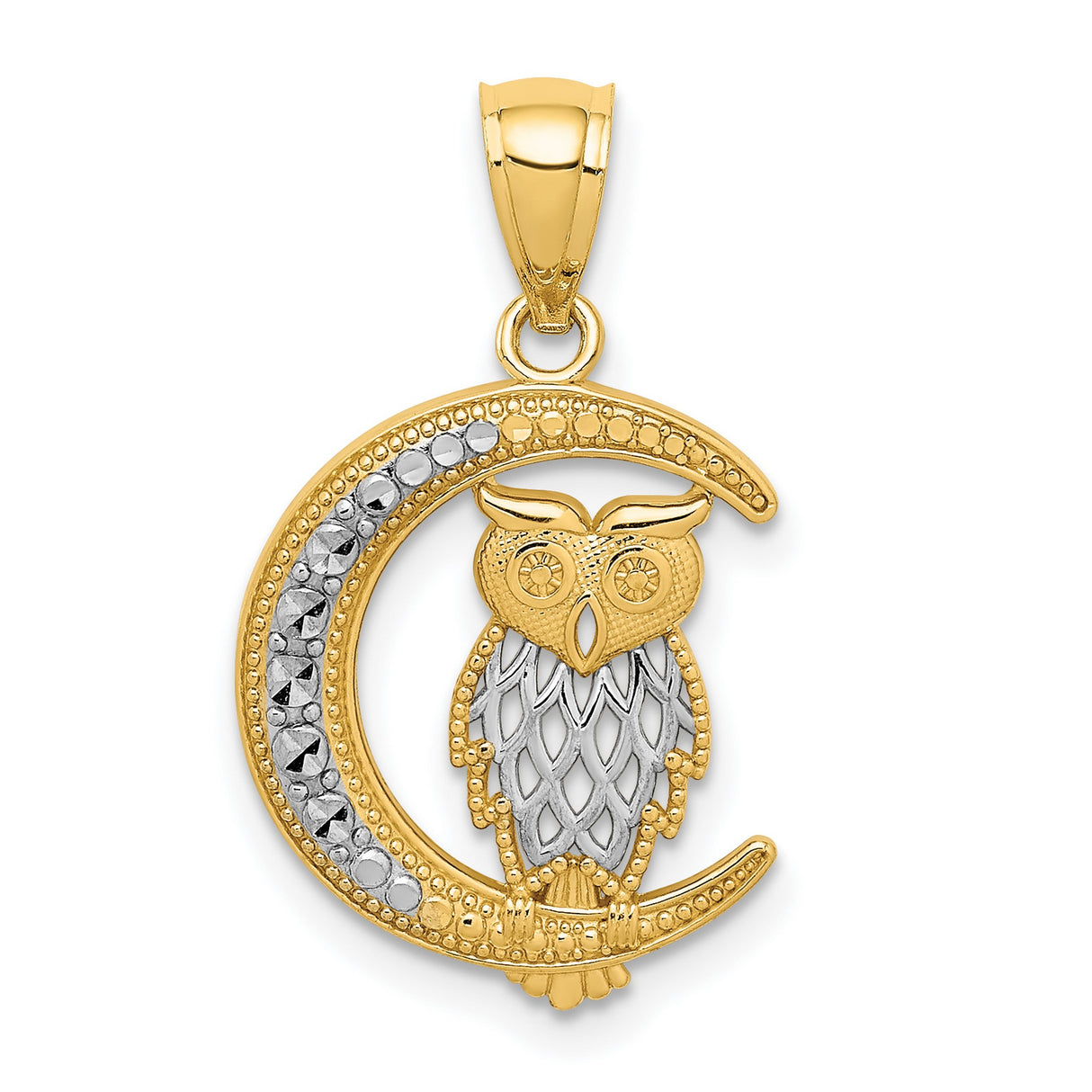 14k Multi-Tone Gold Crescent Moon Owl Pendant, Spiritual Celestial Animal Design for Women