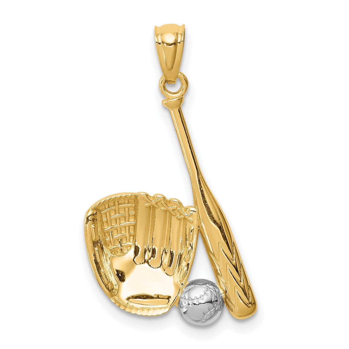 14k Multi-Tone Gold Baseball Pendant with Bat, Glove, and Ball Design, Unisex Sports Charm