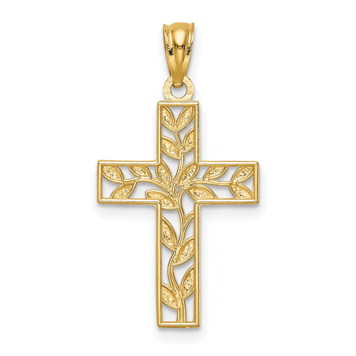14k Yellow Gold Cross Pendant with Vine Leaf Openwork Design, Religious Jewelry for Men and Women
