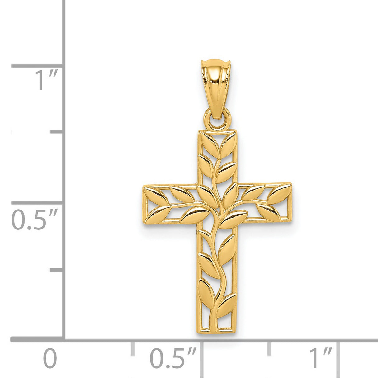14k Yellow Gold Cross Pendant with Vine Leaf Openwork Design, Religious Jewelry for Men and Women