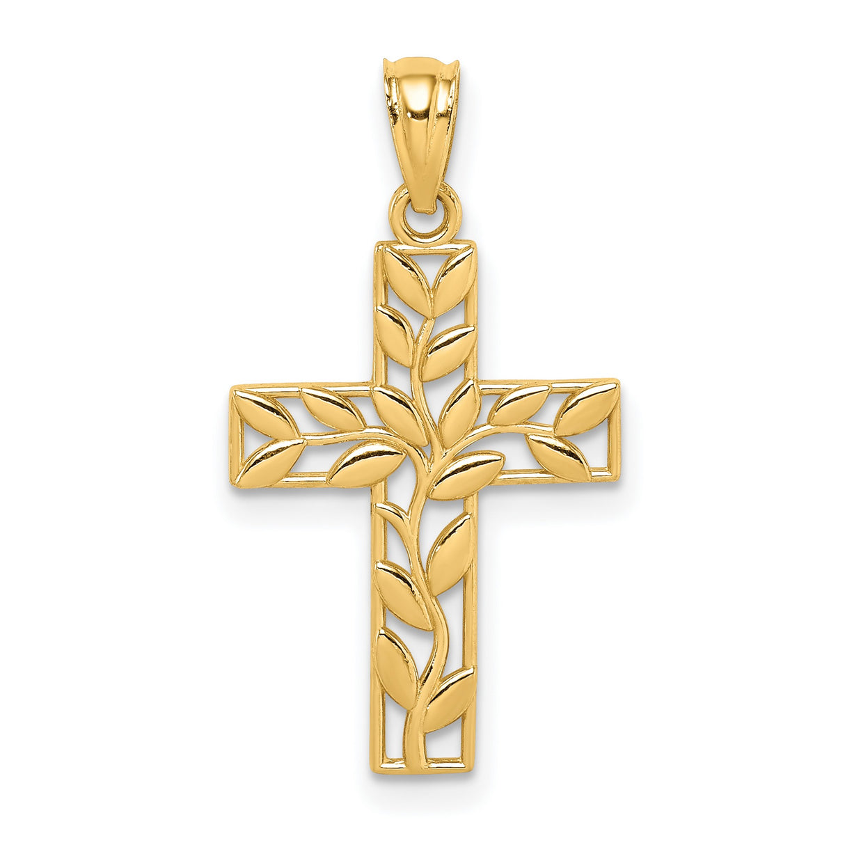 14k Yellow Gold Cross Pendant with Vine Leaf Openwork Design, Religious Jewelry for Men and Women