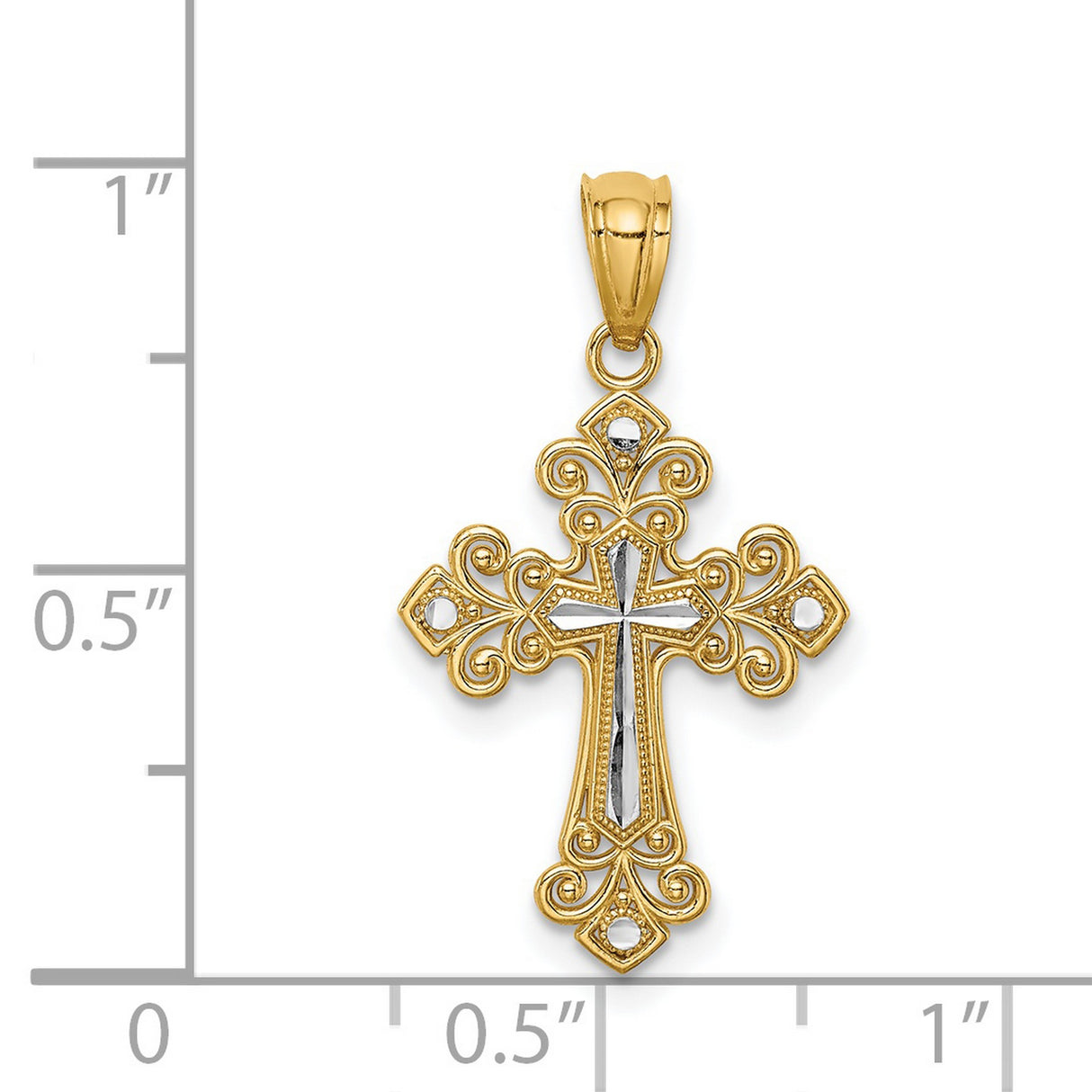 14k Multi-Tone Gold Cross Pendant with Filigree, Diamond Accents, Vintage Religious Style