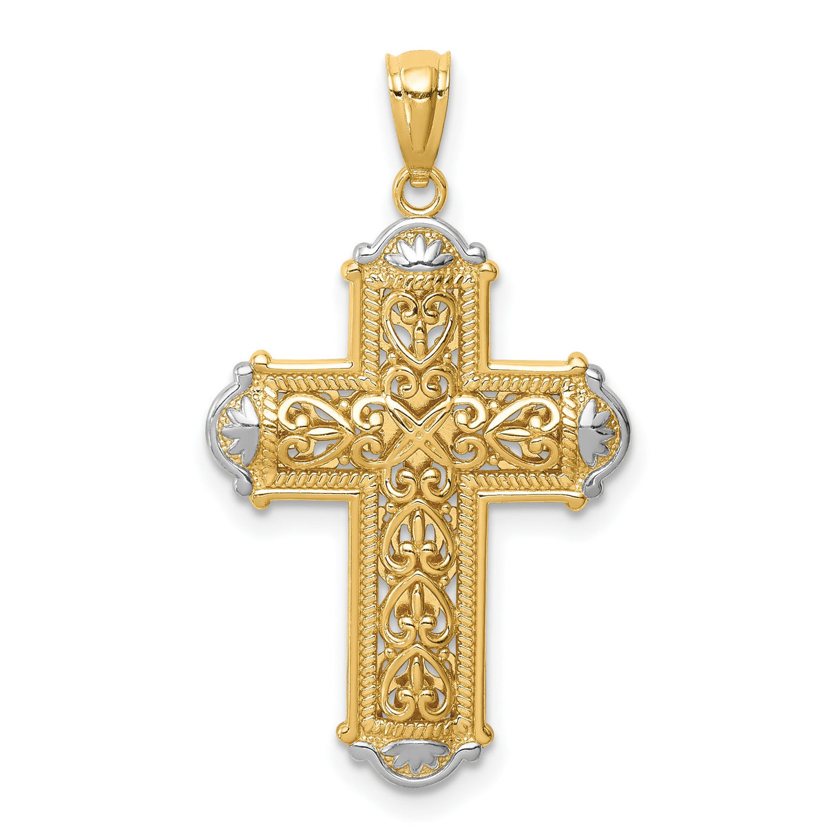 14k Multi-Tone Gold Cross Pendant with Reversible Ornate Filigree Design