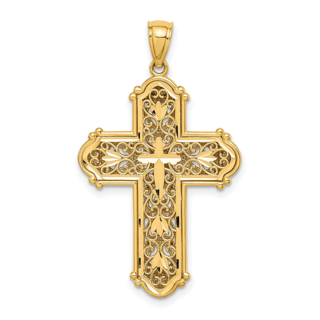 14k Multi-Tone Gold Cross Pendant with Filigree Design and Twisted Rope Edge