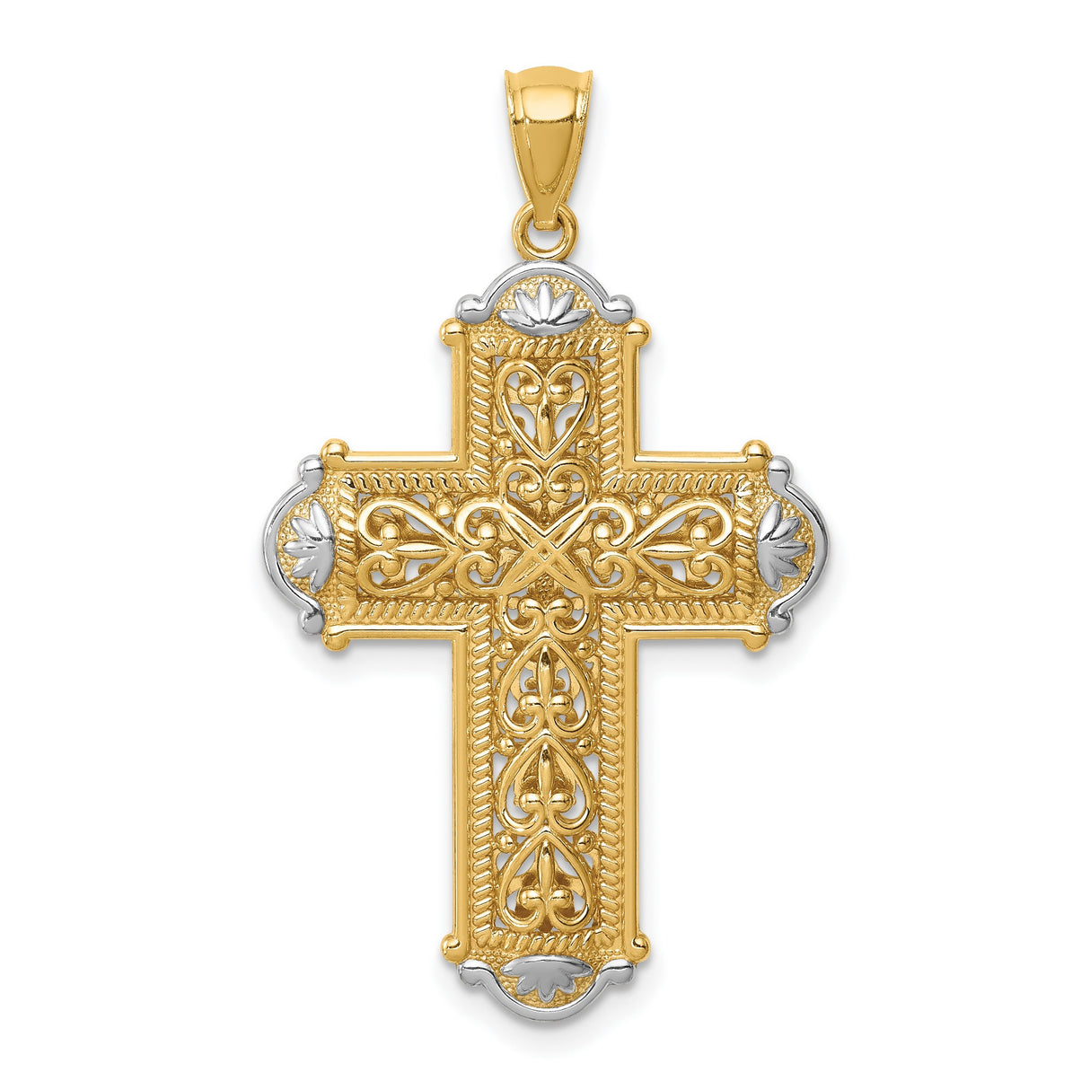 14k Multi-Tone Gold Cross Pendant with Filigree Design and Twisted Rope Edge
