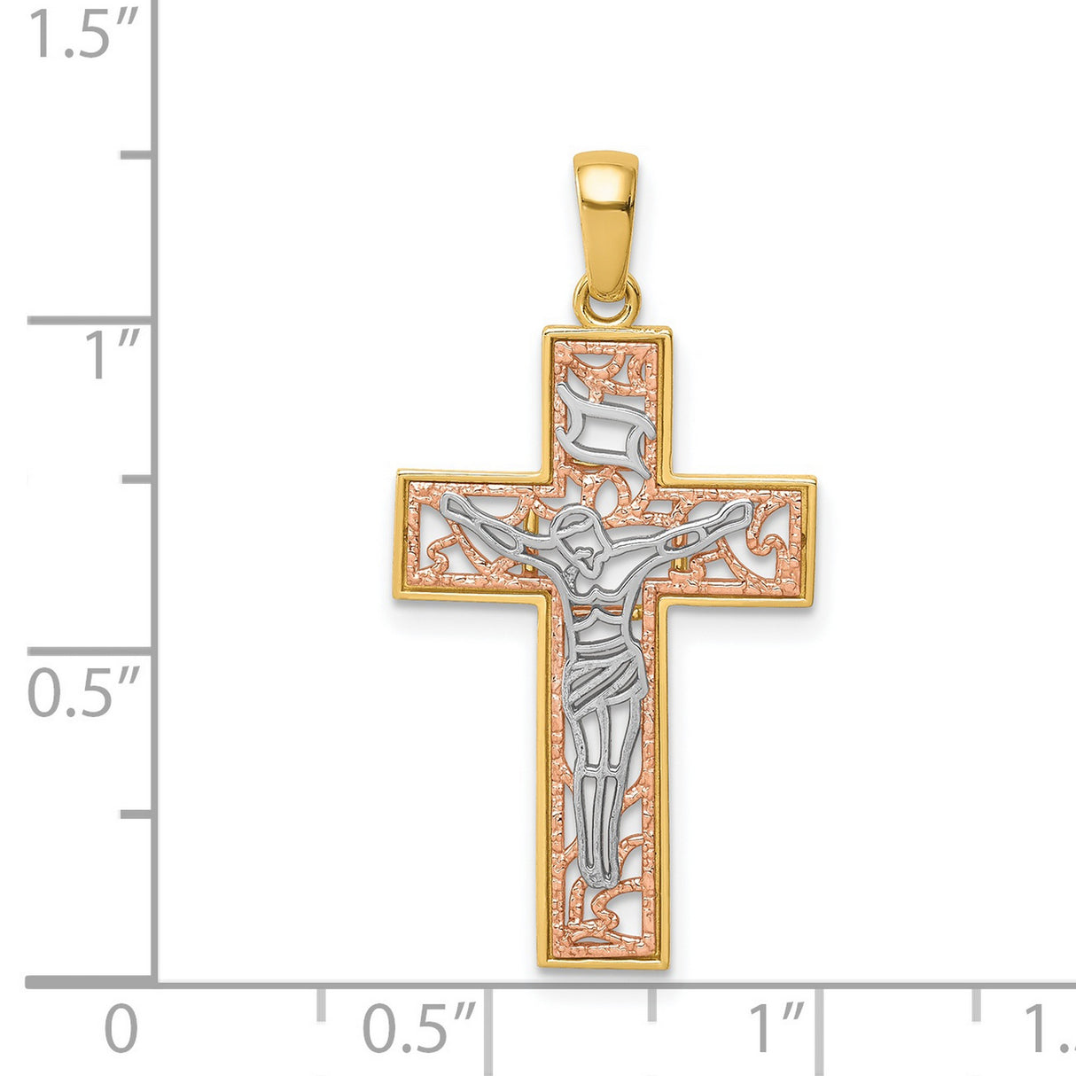 14k Multi-Tone Gold Crucifix Pendant with Detailed Jesus Figure, Christian Faith Jewelry