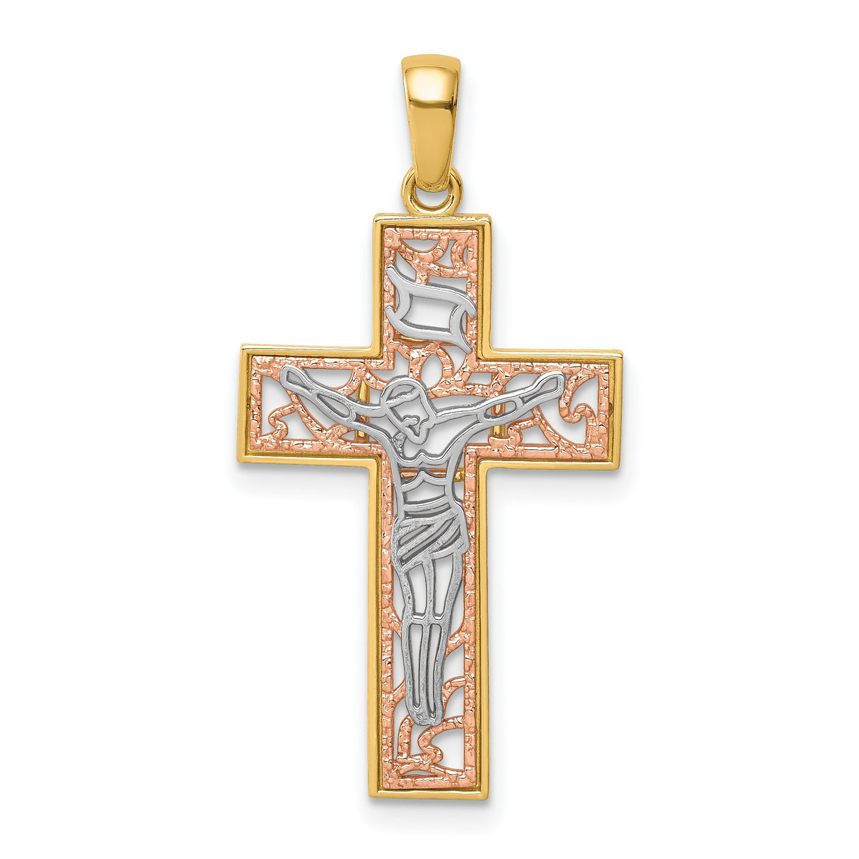 14k Multi-Tone Gold Crucifix Pendant with Detailed Jesus Figure, Christian Faith Jewelry
