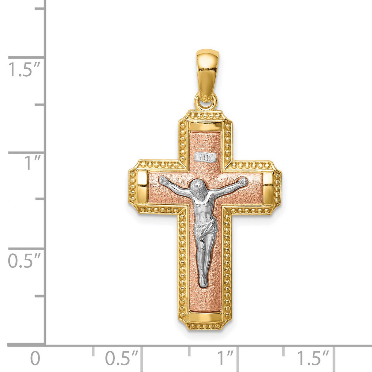 14k Multi-Tone Gold Crucifix Cross Pendant with INRI Inscription, Christian Religious Charm