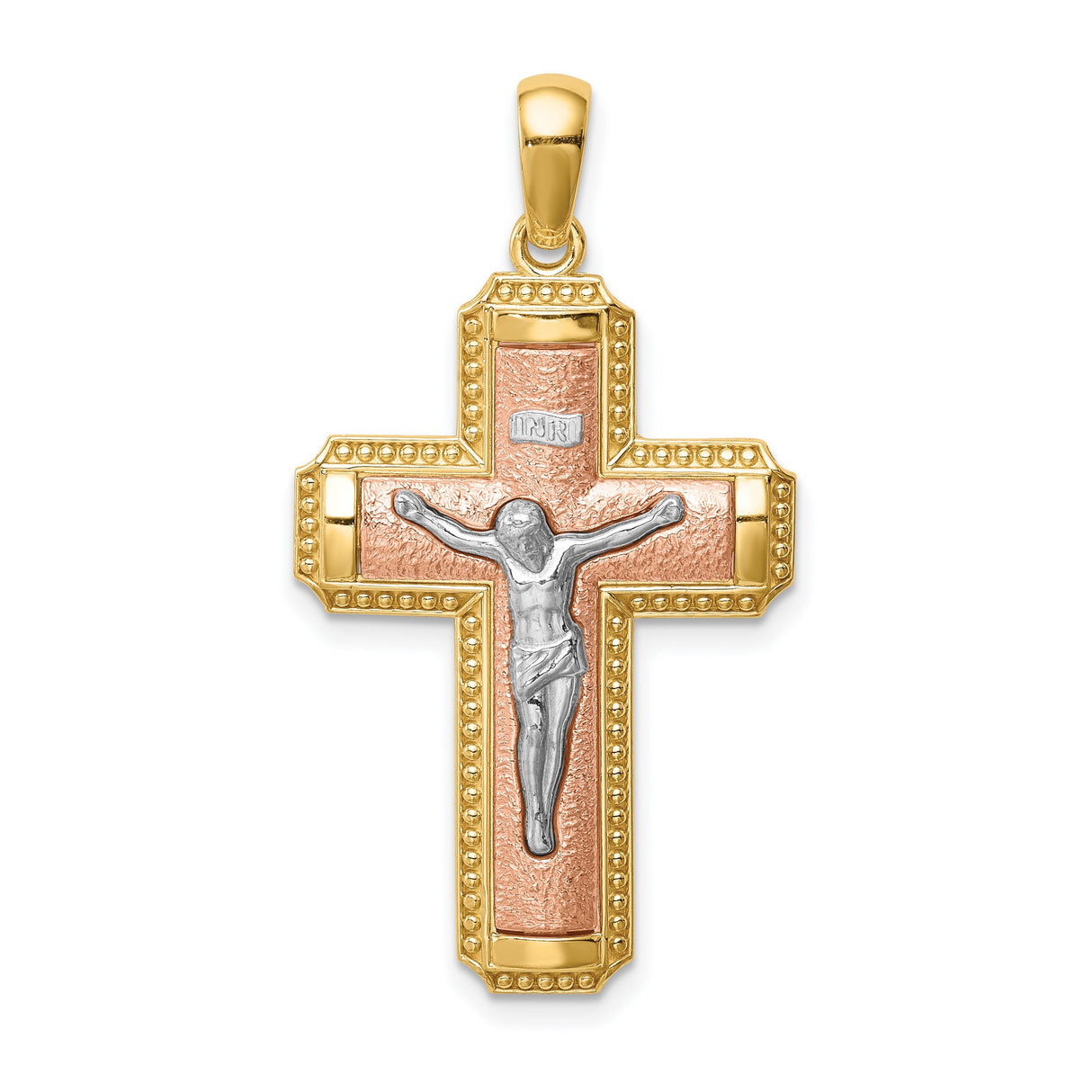 14k Multi-Tone Gold Crucifix Cross Pendant with INRI Inscription, Christian Religious Charm