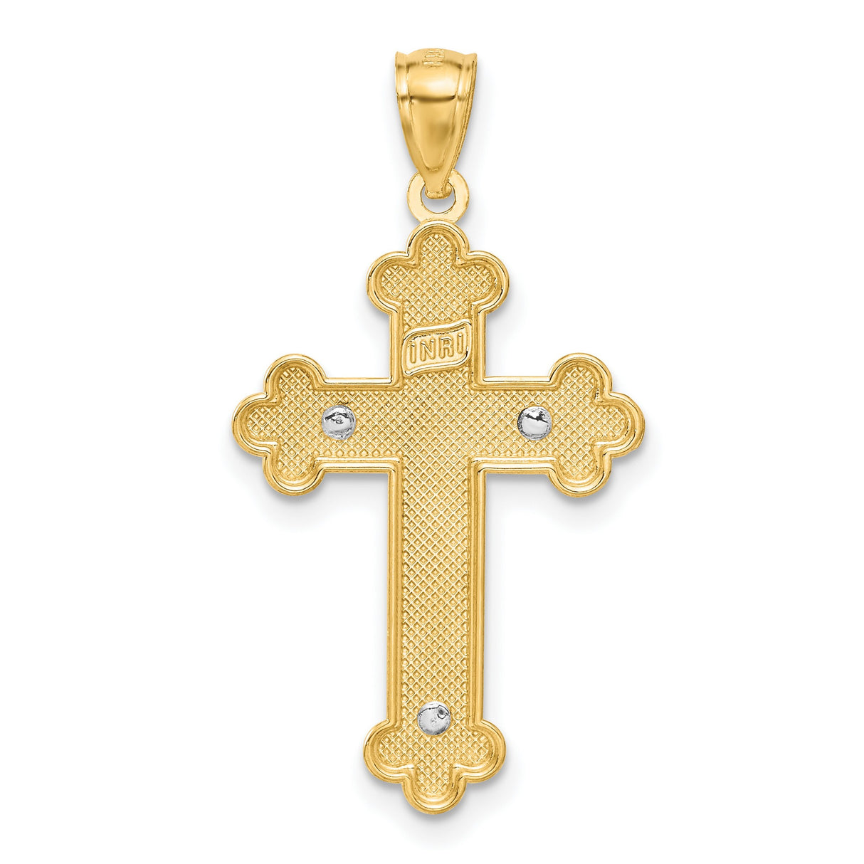 14k Multi-Tone Gold Budded Crucifix Cross Pendant with INRI, Catholic Religious Jewelry