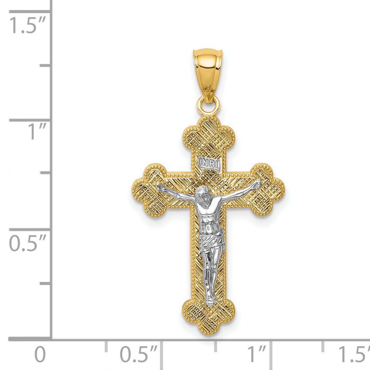 14k Multi-Tone Gold Budded Crucifix Cross Pendant with INRI, Catholic Religious Jewelry