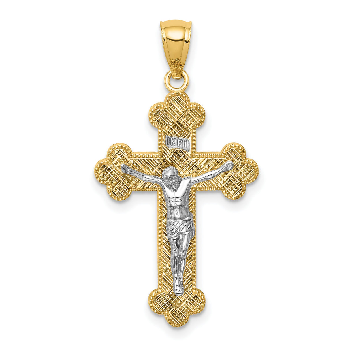 14k Multi-Tone Gold Budded Crucifix Cross Pendant with INRI, Catholic Religious Jewelry