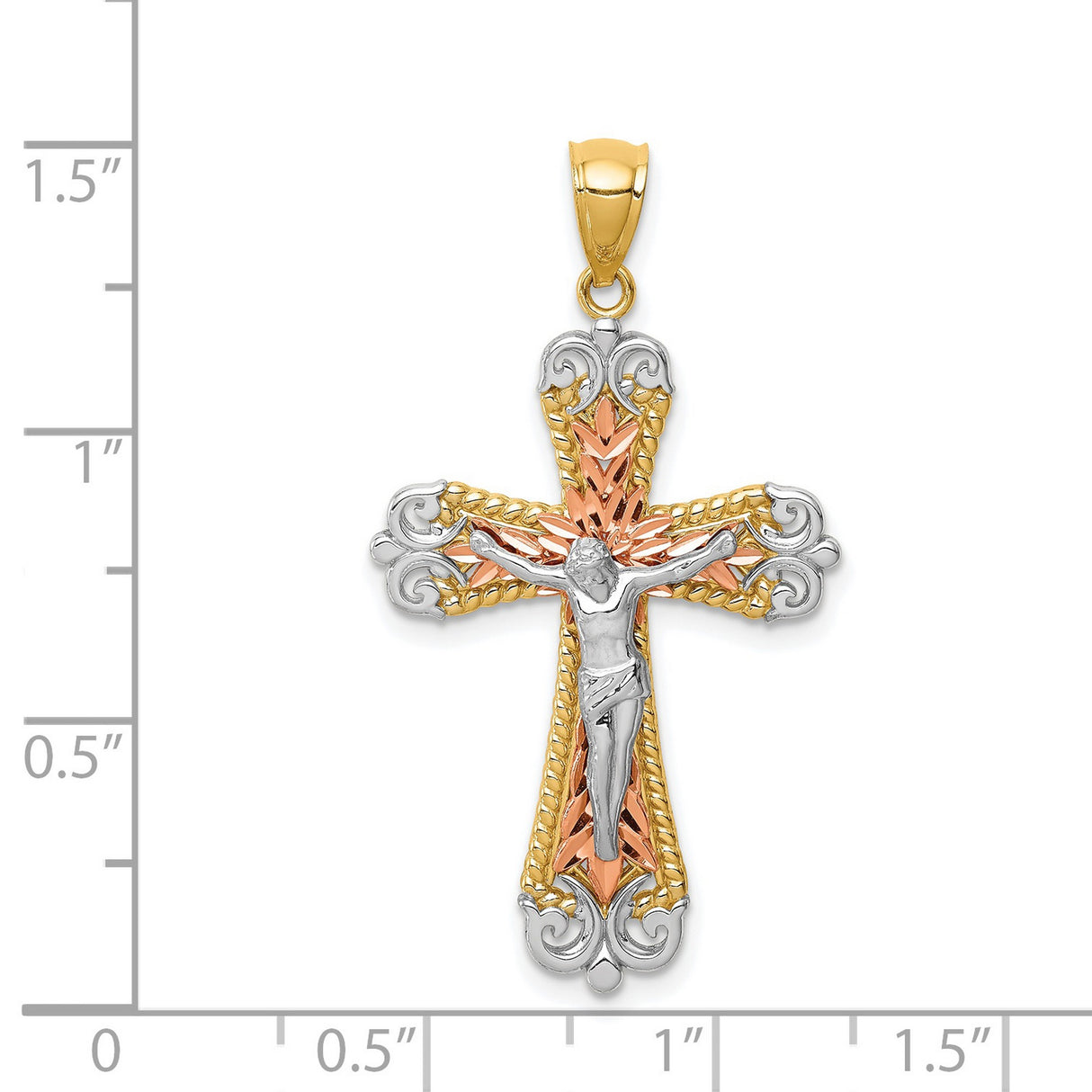 14k Multi-Tone Gold Crucifix Cross Pendant, Textured Tricolor Jesus Charm, Religious Jewelry