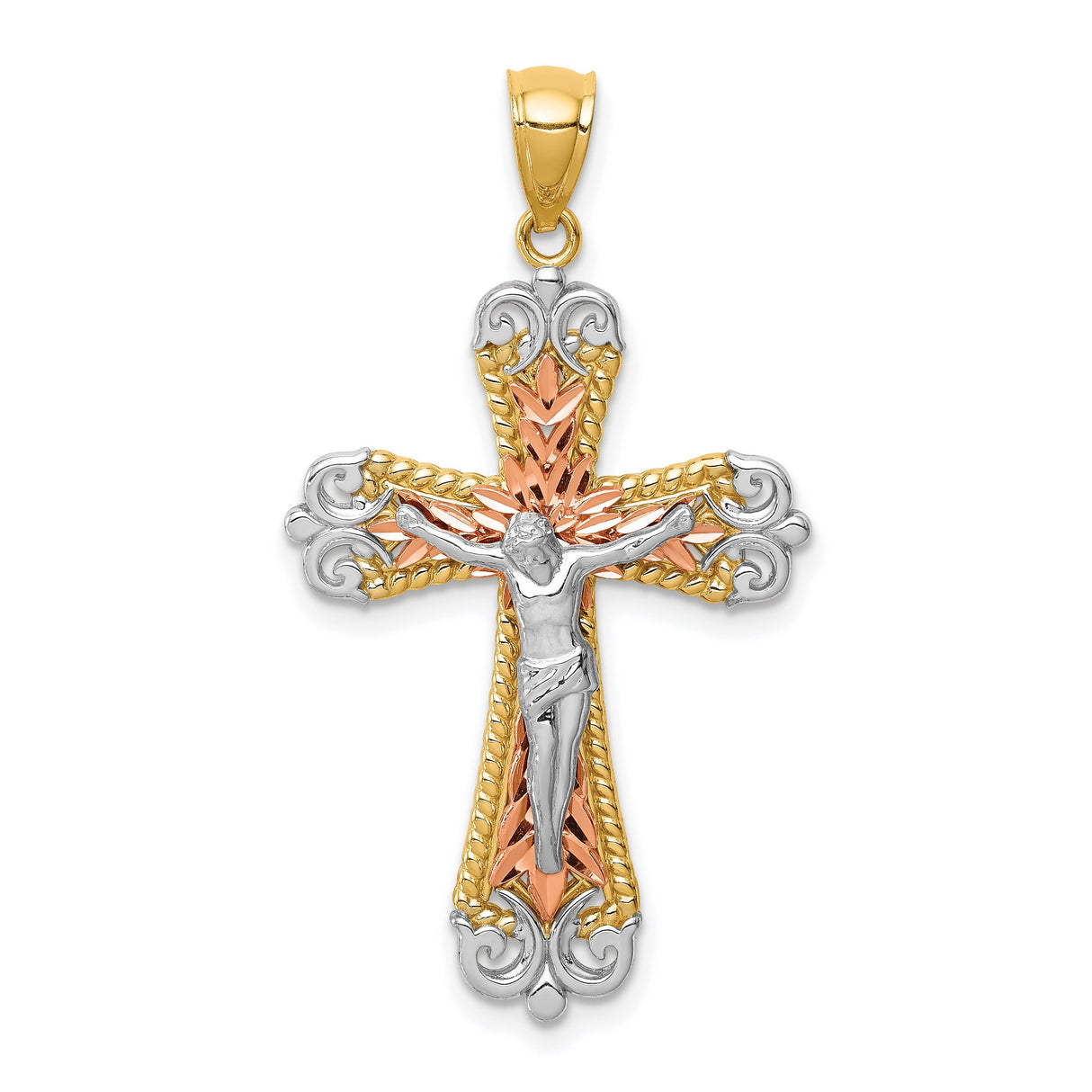 14k Multi-Tone Gold Crucifix Cross Pendant, Textured Tricolor Jesus Charm, Religious Jewelry