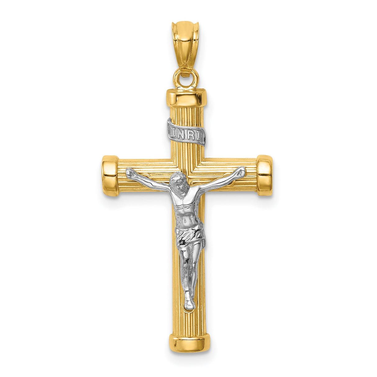 14k Two-Tone Gold Crucifix Cross Pendant with Polished Finish and Rhodium Jesus Figure