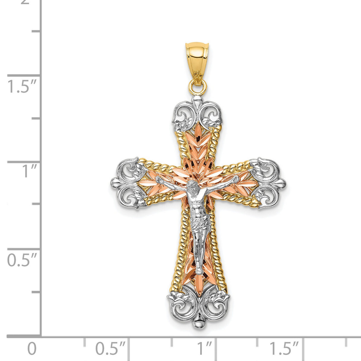 14k Tri Color Gold Crucifix Cross Pendant with Twisted Rope Border