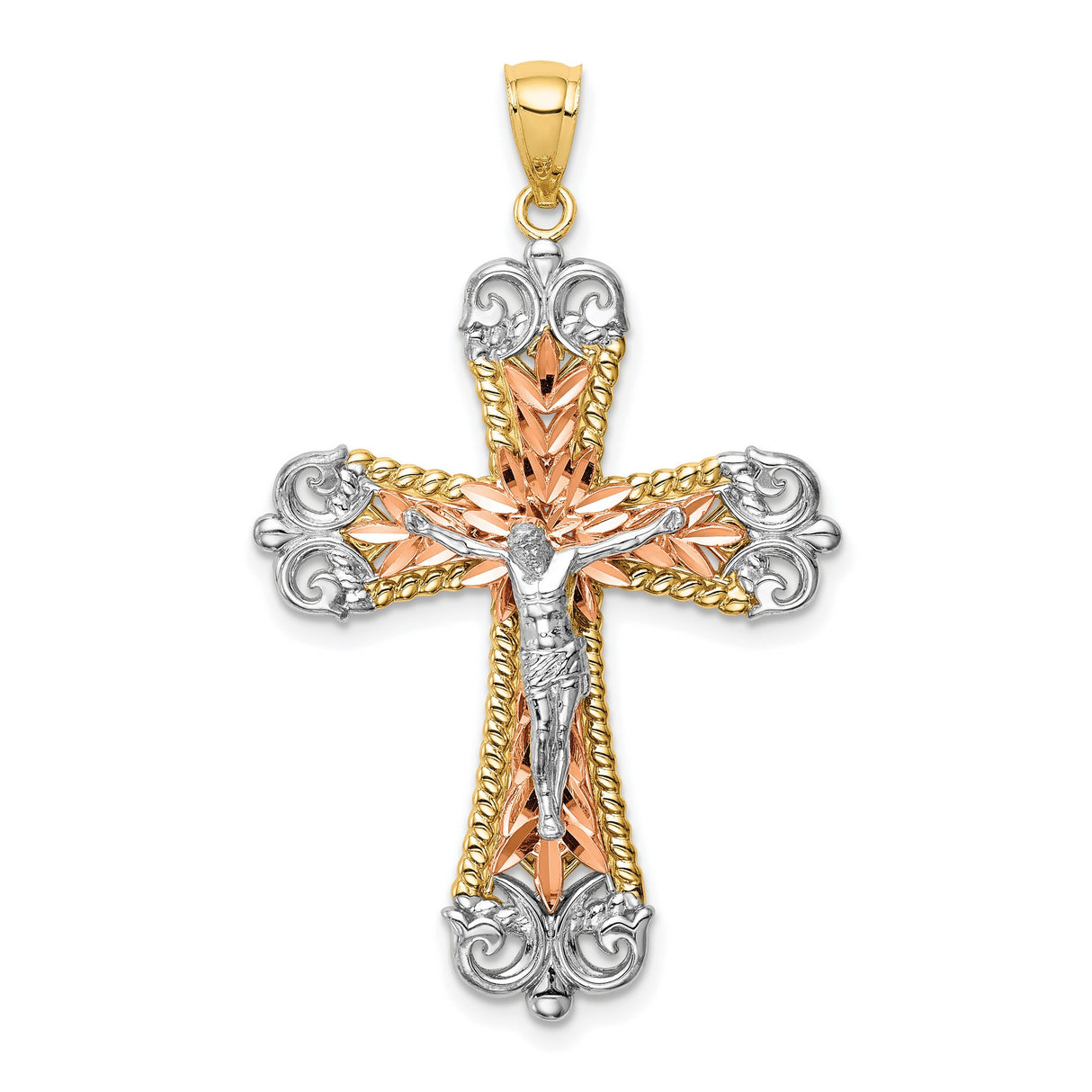 14k Tri Color Gold Crucifix Cross Pendant with Twisted Rope Border