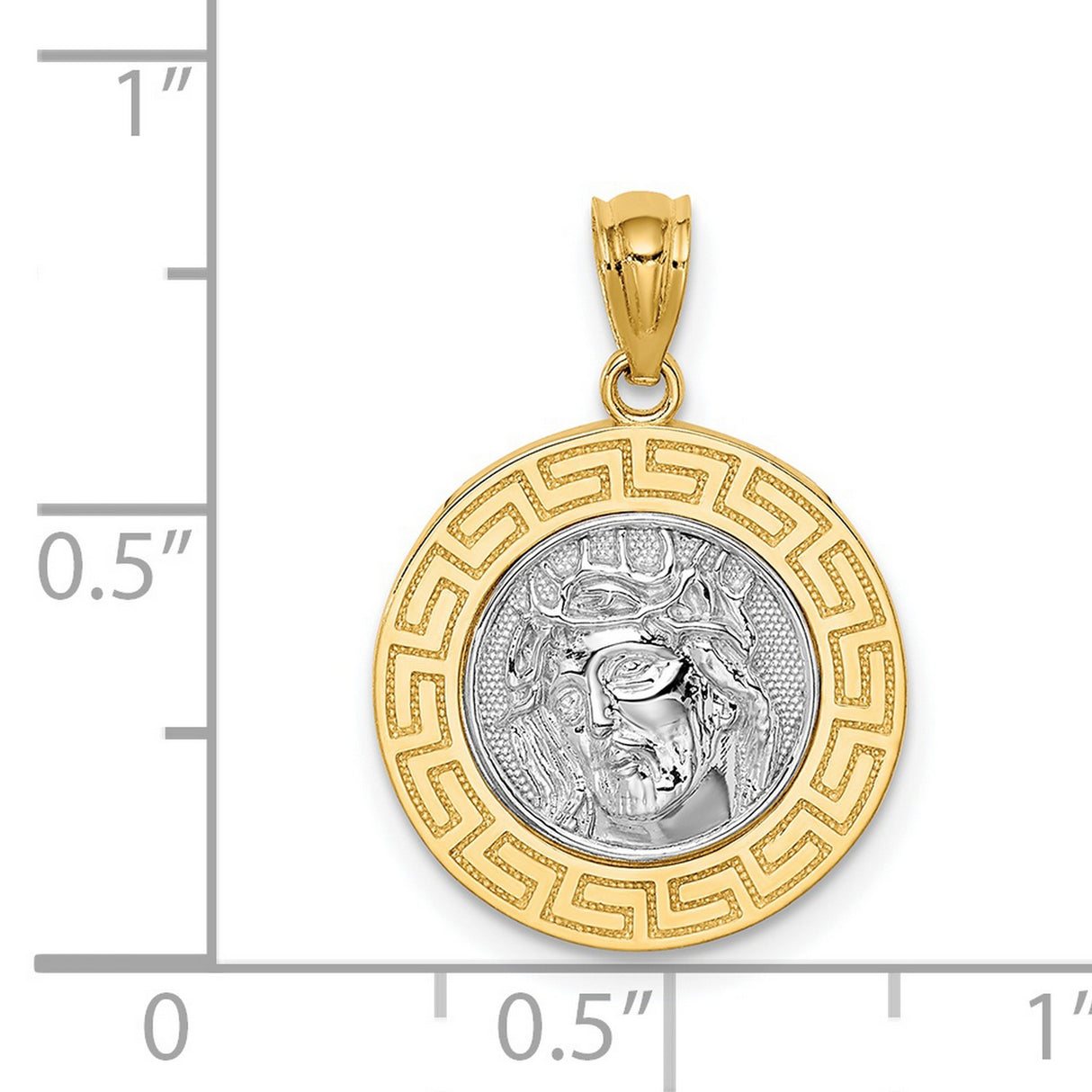 14k Multi-Tone Gold Jesus Pendant, Christ Face with Greek Key Border, Religious Medallion for Men