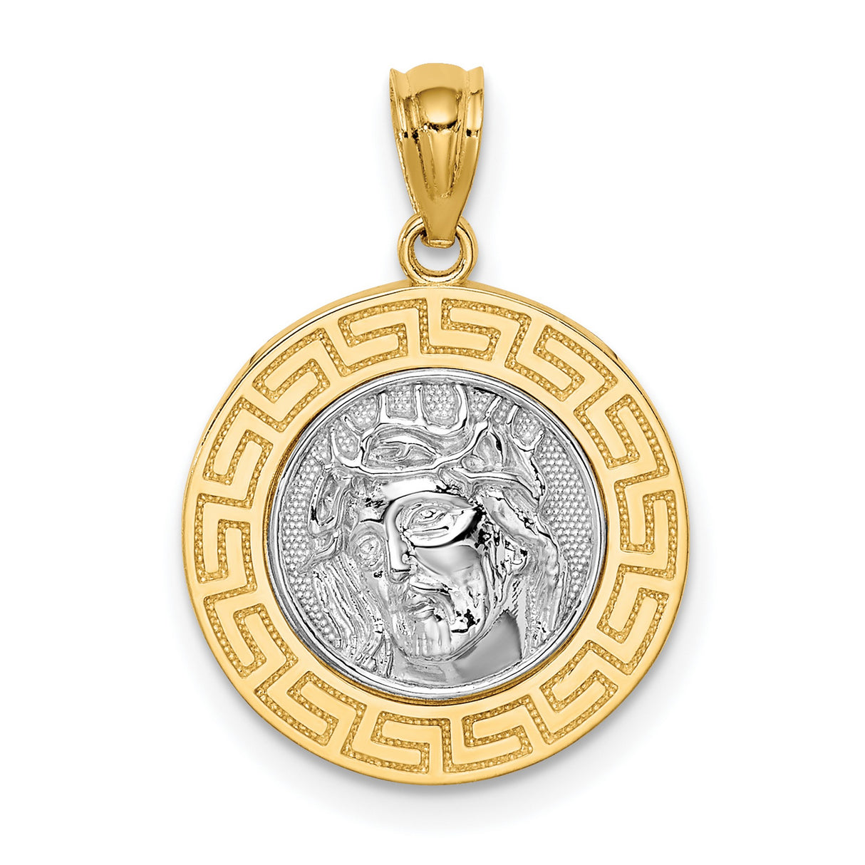 14k Multi-Tone Gold Jesus Pendant, Christ Face with Greek Key Border, Religious Medallion for Men