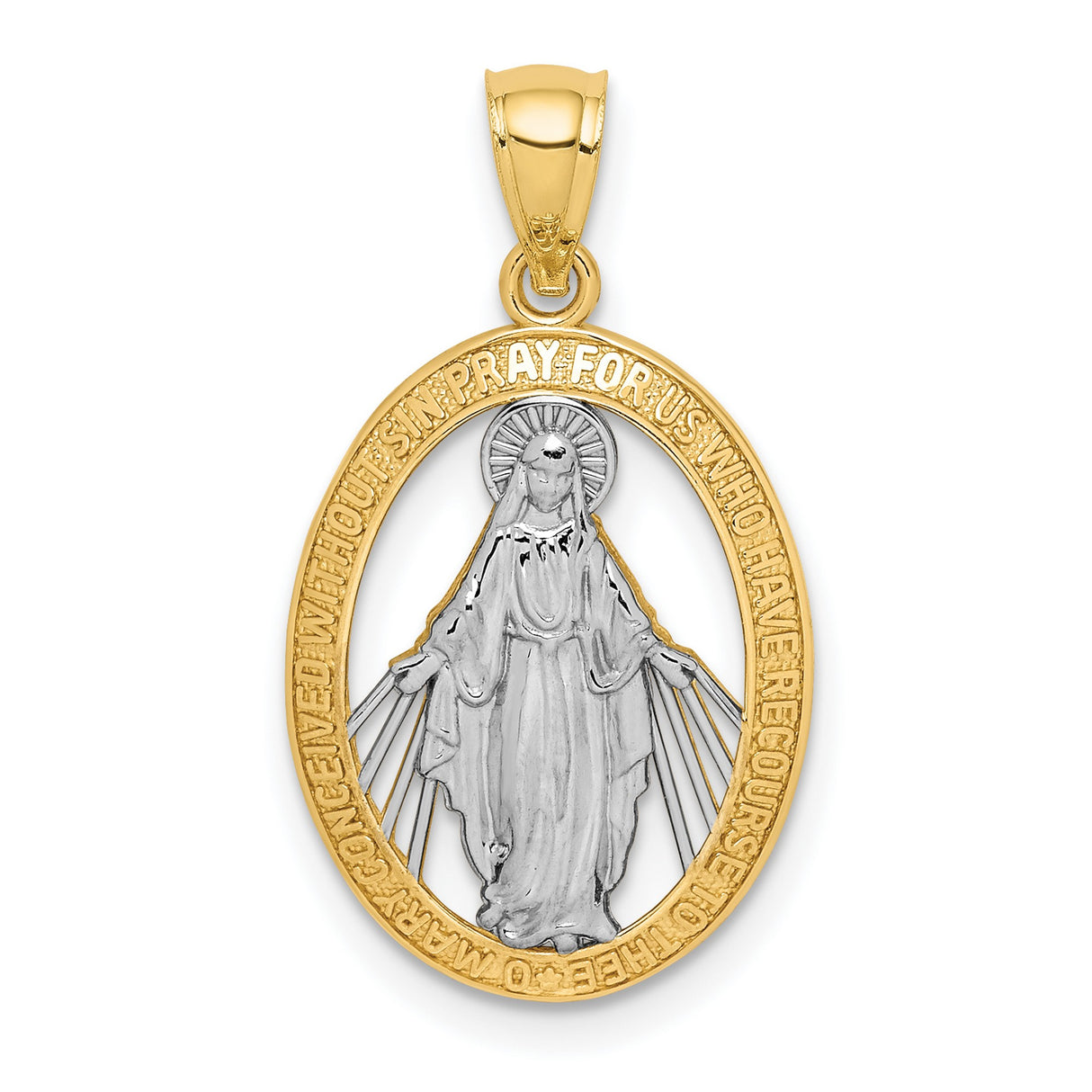 14k Multi-Tone Gold Virgin Mary Pendant, Miraculous Medal Charm with Prayer