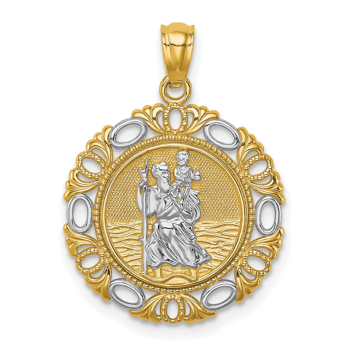 14k Multi-Tone Gold Saint Christopher Pendant with Filigree Border and Marquise Accents