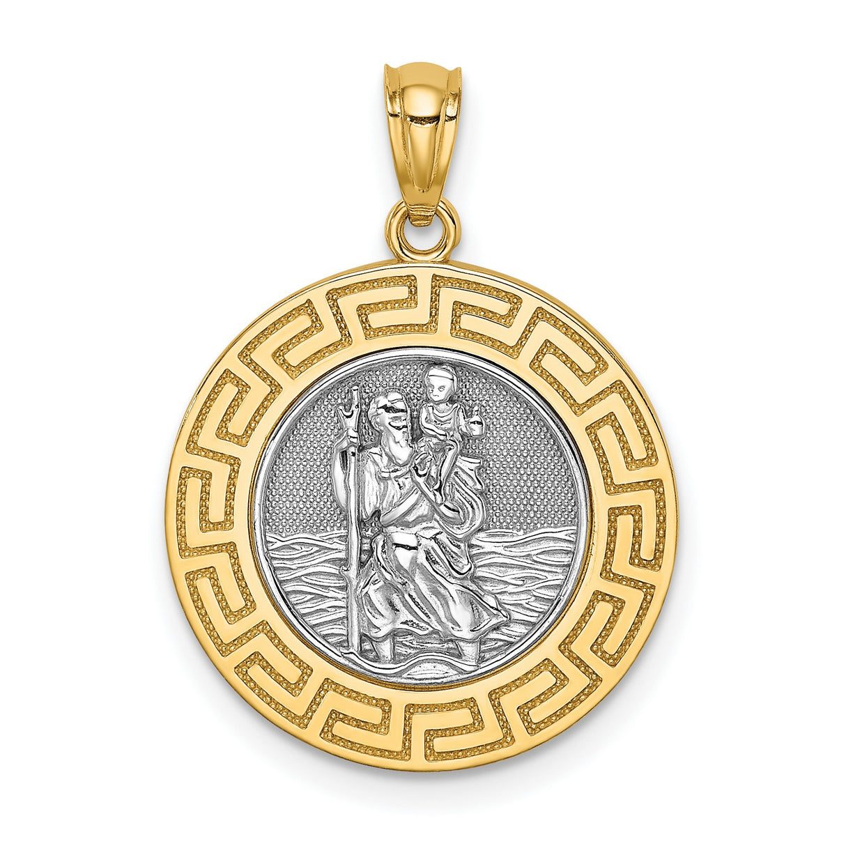 14k Yellow Gold Saint Christopher Pendant with Greek Key Border, Travel Protection Charm