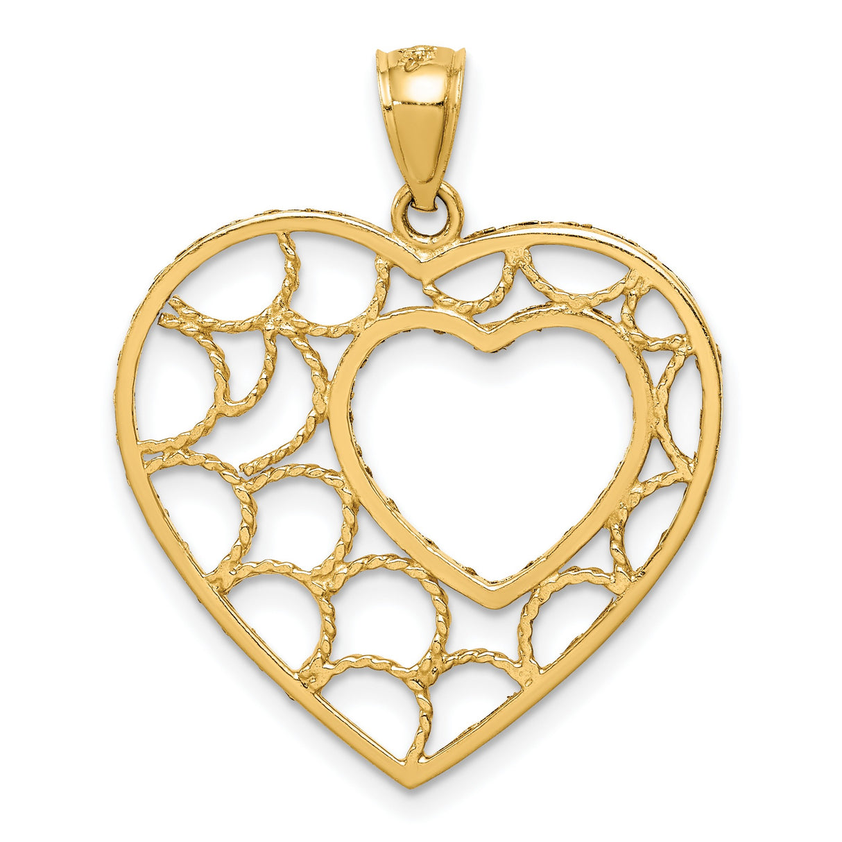 14k Yellow Gold Heart Pendant with Open Filigree and Textured Circle Design