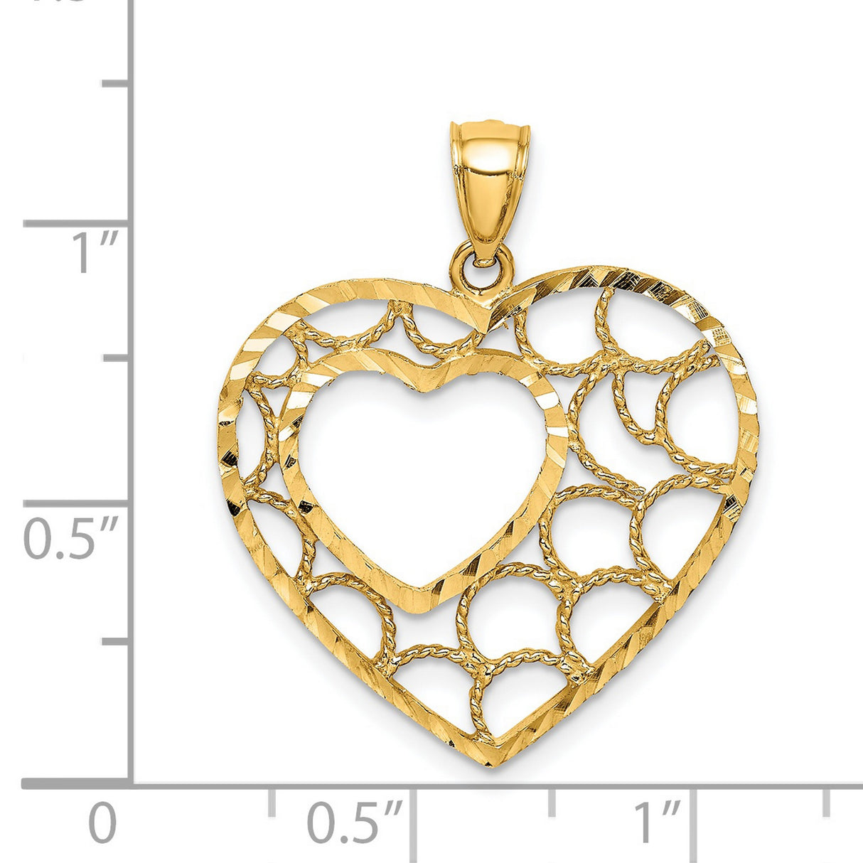 14k Yellow Gold Heart Pendant with Open Filigree and Textured Circle Design