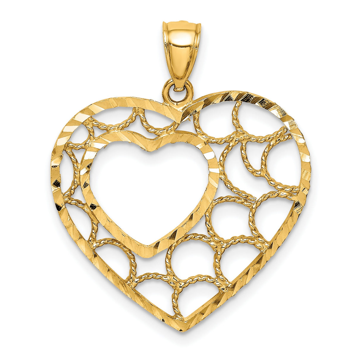 14k Yellow Gold Heart Pendant with Open Filigree and Textured Circle Design
