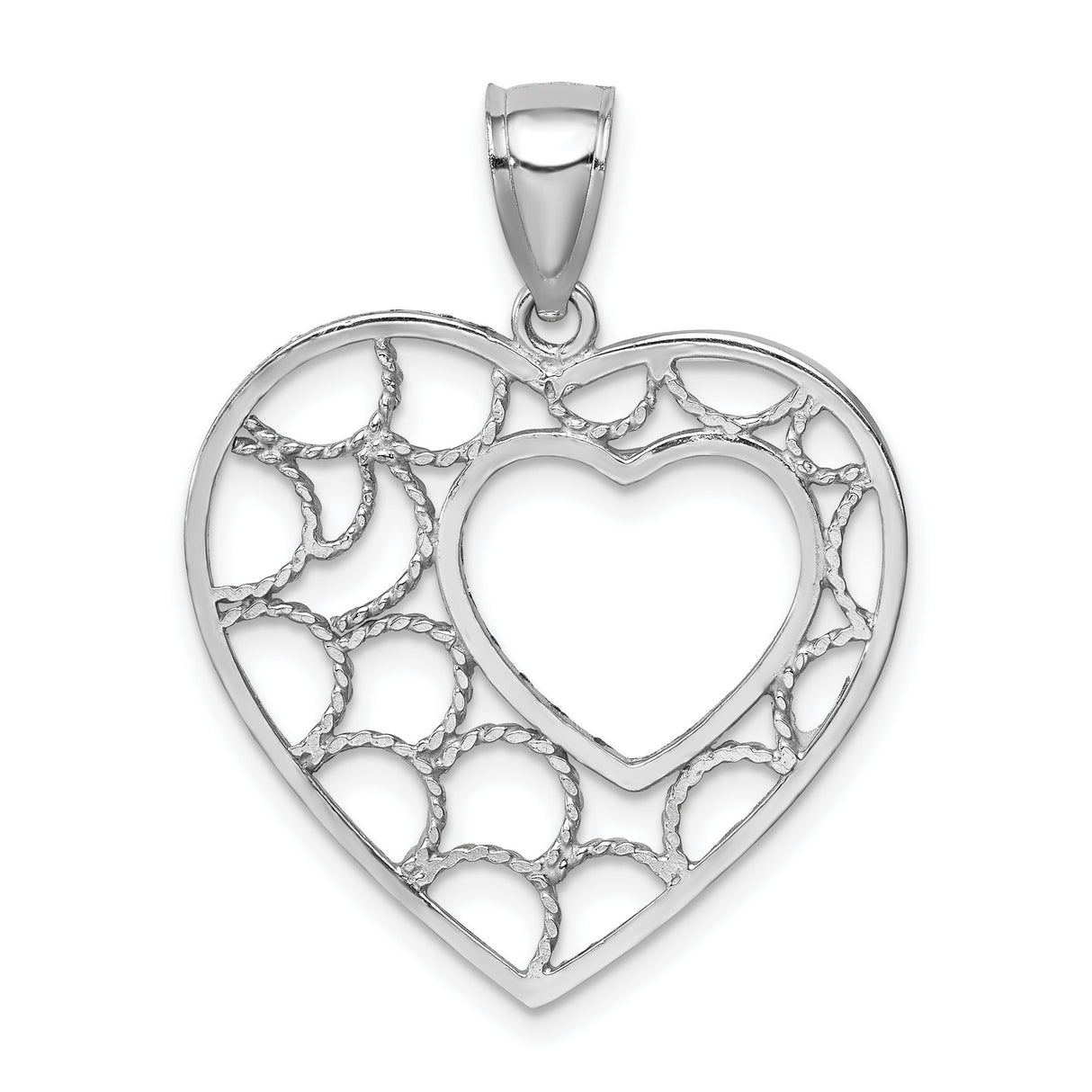 14k White Gold Heart Pendant with Openwork Filigree and Textured Detailing