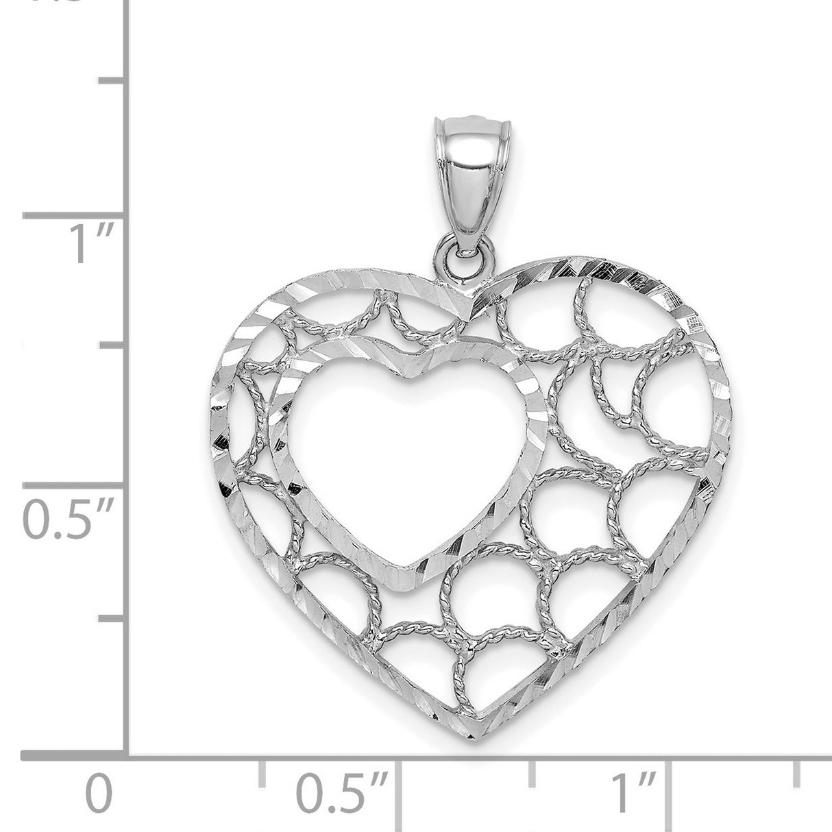 14k White Gold Heart Pendant with Openwork Filigree and Textured Detailing