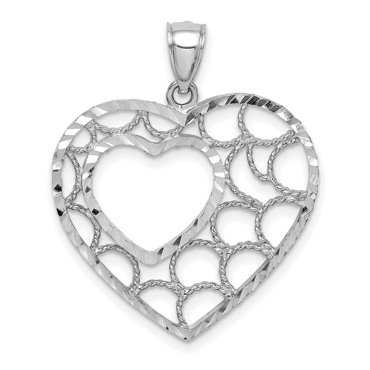 14k White Gold Heart Pendant with Openwork Filigree and Textured Detailing