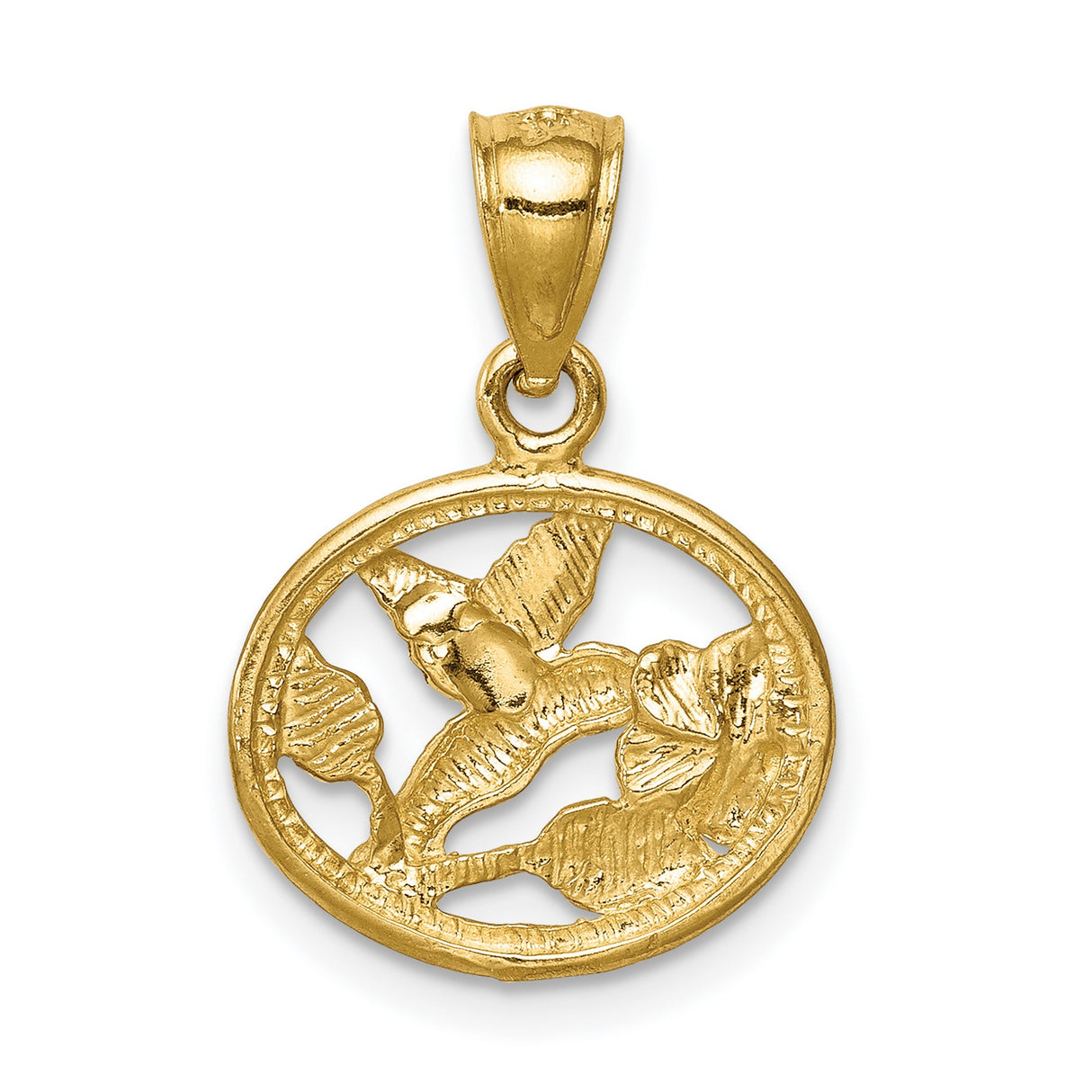 14k Yellow Gold Hummingbird Pendant with Flower in Open Oval Frame, Nature Jewelry Charm