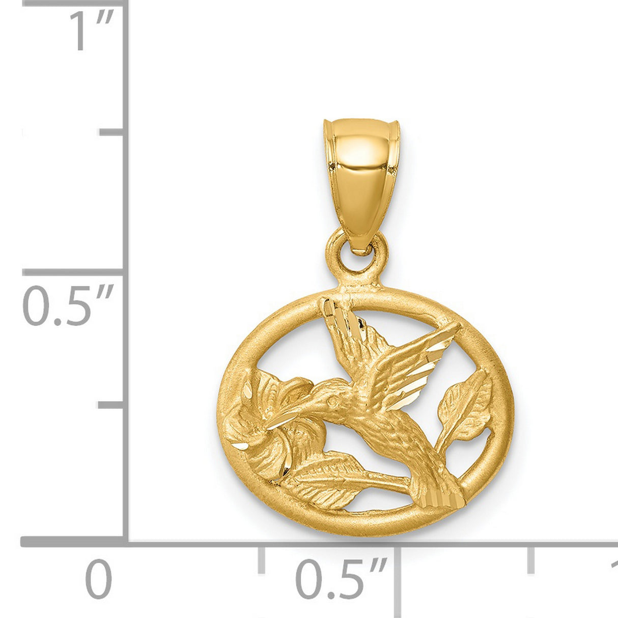 14k Yellow Gold Hummingbird Pendant with Flower in Open Oval Frame, Nature Jewelry Charm